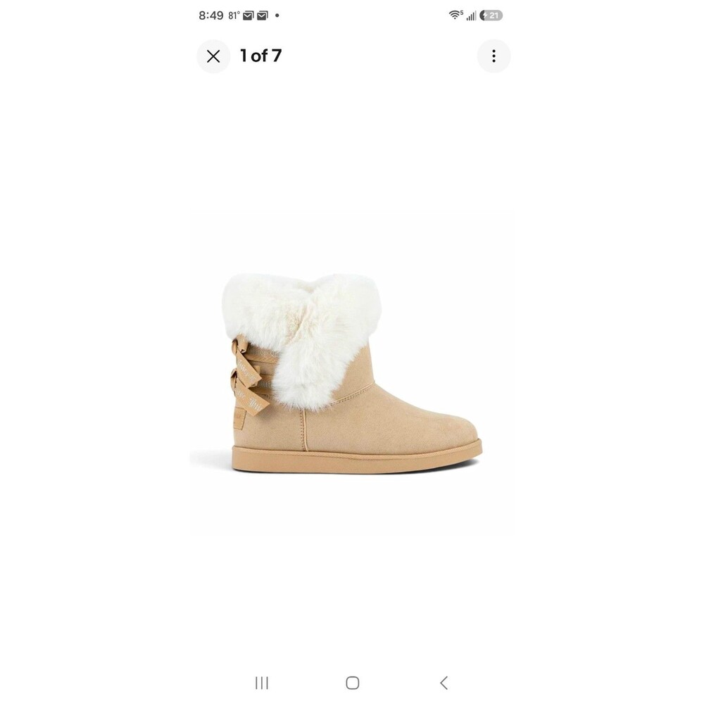 lJuicy Couture Women’s Beige JC-King 2 Faux Suede Ankle Bootie Faux Fur Bow 6